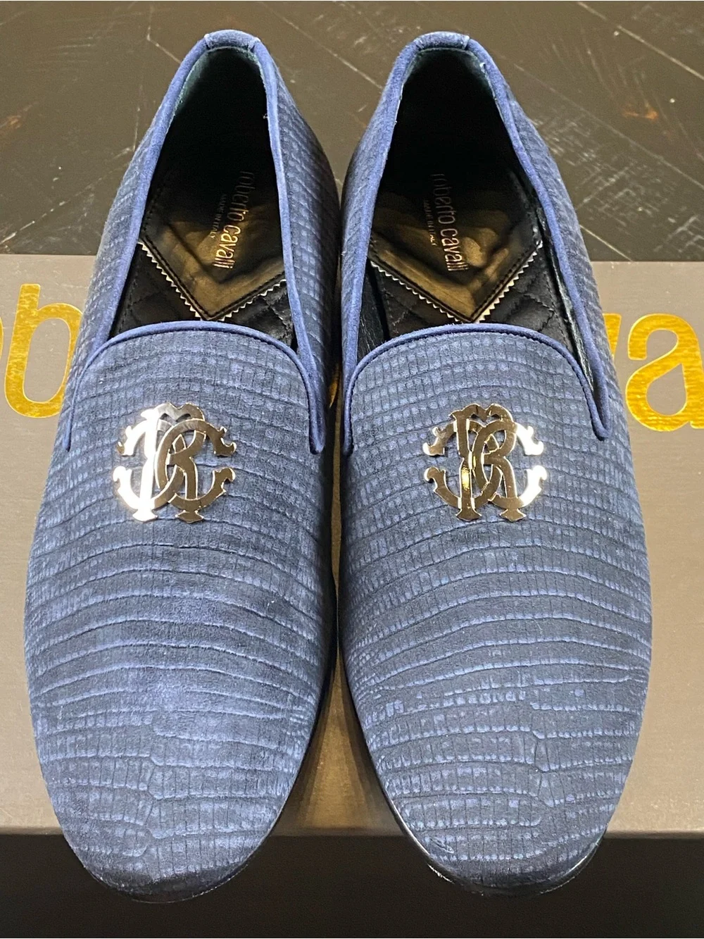 Roberto Cavalli Navy Textured Velvet Slip-On Loafers with Metallic Crest.